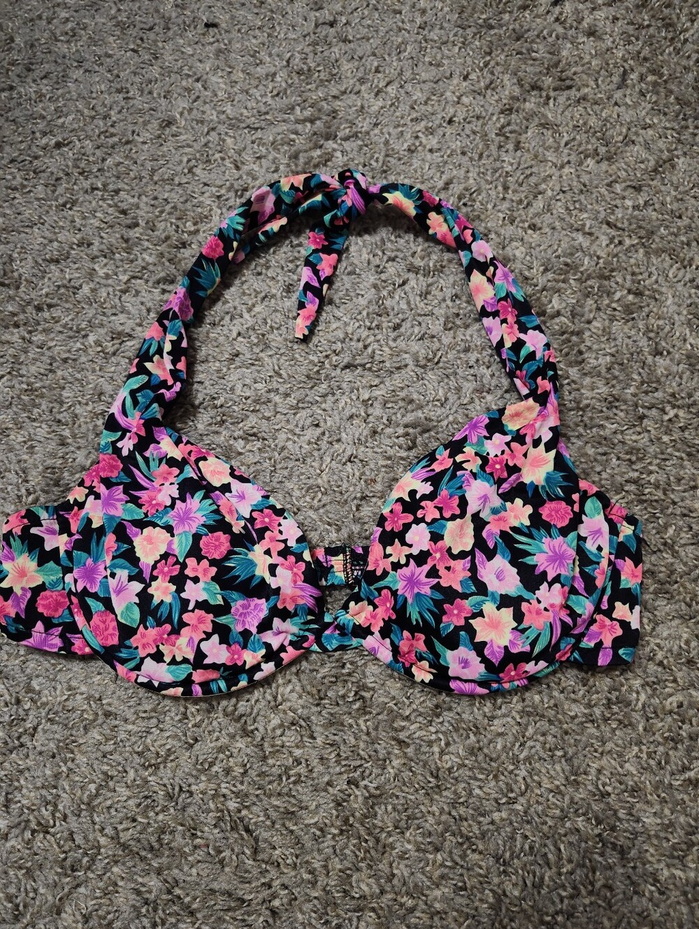 Vintage 1996 Victoria's Secret Black Floral Halter Bikini Top Size 36D